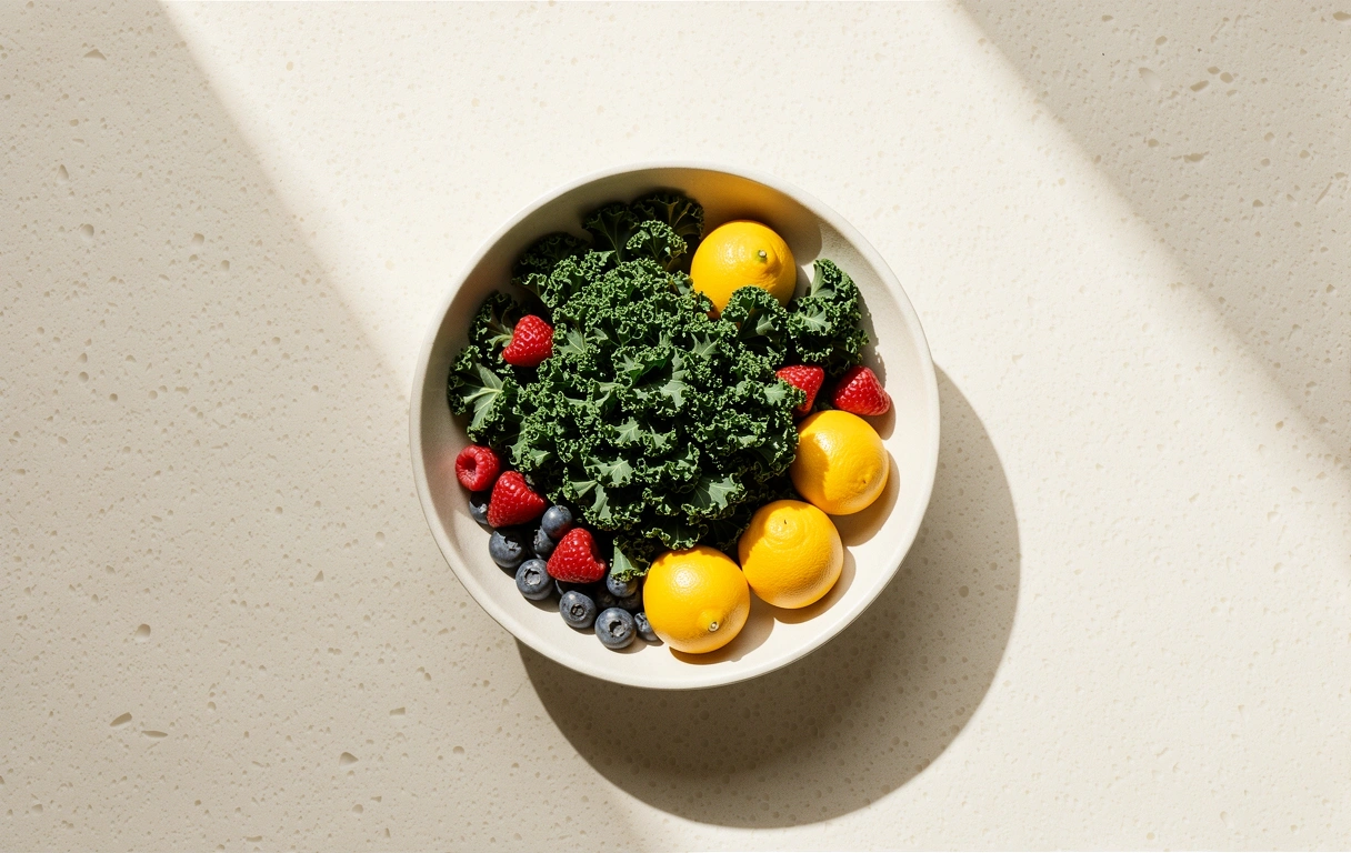 Fresh vibrant vegetables and fruits on a clean surface